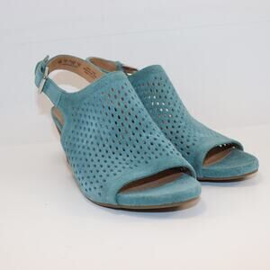 Franco Sarto Monaco Teal‎ Suede Cutout Sandals Slingback Block Heel Women’s 9M